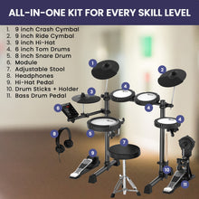 Load image into Gallery viewer, Karrera 18S Electronic Drum Kit Mesh Pads 8in Snare Bluetooth Sounds USB/MIDI Output Kick Pedals Drum Coach &amp; Metronome
