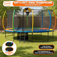 Load image into Gallery viewer, Kahuna 10 ft x 15 ft Oval Outdoor Trampoline L.E.D. Basketball Set Reversible Rainbow &amp; Orange Safety Pad Safety Net Ladder
