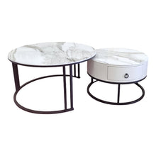 Load image into Gallery viewer, Snowy Mountain Faux Modern Marble Slate Nesting Coffee Table Set Leather Wrapped Wood Drawers

