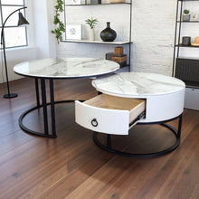 Load image into Gallery viewer, Snowy Mountain Faux Modern Marble Slate Nesting Coffee Table Set Leather Wrapped Wood Drawers
