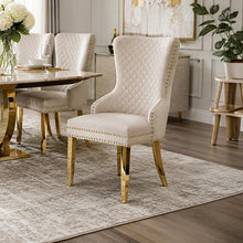 Load image into Gallery viewer, Set of 2 Beige Velvet Dining Chairs – Button Studded Ring Back Design Golden Legs
