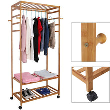 Load image into Gallery viewer, 169cm Mildrew-proof Bamboo Clothes Shelves Stand On Wheels Coat Shoes Bags Rack
