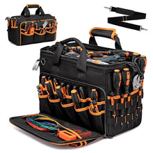 Load image into Gallery viewer, 17 Inch Heavy Duty Tool Bag - 43cm Wide Open Mouth Organiser - Thickened Wear Resistant Oxford Cloth with Adjustable Padded Strap, Multi-Pocket Storage for Electricians Plumbers and Professional Trades
