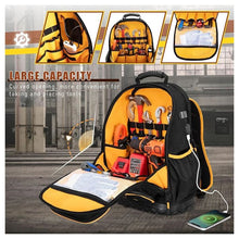 Load image into Gallery viewer, Heavy Duty Professional Tool Backpack - 18 Inch Large Capacity - Waterproof Solid Rubber Base, Multi-Pocket Organiser and Reflective Strips for Electricians, HVAC and Trades
