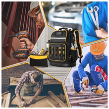 Load image into Gallery viewer, Heavy Duty Professional Tool Backpack - 18 Inch Large Capacity - Waterproof Solid Rubber Base, Multi-Pocket Organiser and Reflective Strips for Electricians, HVAC and Trades
