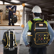 Load image into Gallery viewer, Heavy Duty Professional Tool Backpack - 18 Inch Large Capacity - Waterproof Solid Rubber Base, Multi-Pocket Organiser and Reflective Strips for Electricians, HVAC and Trades
