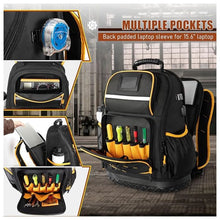 Load image into Gallery viewer, Heavy Duty Professional Tool Backpack - 18 Inch Large Capacity - Waterproof Solid Rubber Base, Multi-Pocket Organiser and Reflective Strips for Electricians, HVAC and Trades
