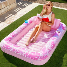 Load image into Gallery viewer, 180x118CM Pink Deluxe Inflatable Suntan Tub &amp; Floating Pool Lounger with Dual Integrated Cup Holders and Pillow - Portable Sunbathing Pool for Lawn &amp; Water
