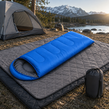 Load image into Gallery viewer, 2-in-1 Winter Camping Warmth Kit with Carry Bag: 210 * 75cm Blue Portable Waterproof Warm Sleeping Bag and 200 * 140cm Large Black Double Layer Waterproof Fleece Camping Blanket for Hiking Travel Indoor Outdoor Use
