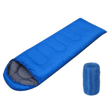 Load image into Gallery viewer, 2-in-1 Winter Camping Warmth Kit with Carry Bag: 210 * 75cm Blue Portable Waterproof Warm Sleeping Bag and 200 * 140cm Large Black Double Layer Waterproof Fleece Camping Blanket for Hiking Travel Indoor Outdoor Use
