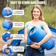 Load image into Gallery viewer, 2-in-1 Winter Camping Warmth Kit with Carry Bag: 210 * 75cm Blue Portable Waterproof Warm Sleeping Bag and 200 * 140cm Large Black Double Layer Waterproof Fleece Camping Blanket for Hiking Travel Indoor Outdoor Use

