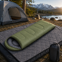 Load image into Gallery viewer, 2-in-1 Winter Camping Warmth Kit with Carry Bag: 210 * 75cm Green Portable Waterproof Warm Sleeping Bag and 200 * 140cm Large Black Double Layer Waterproof Fleece Camping Blanket for Hiking Travel Indoor Outdoor Use
