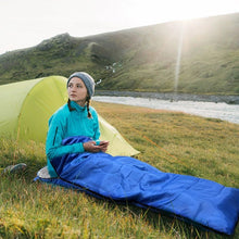 Load image into Gallery viewer, 2-in-1 Winter Camping Warmth Kit with Carry Bag:  210 * 75cm Navy Blue Portable Waterproof Warm Sleeping Bag and 200 * 140cm Large Black Double Layer Waterproof Fleece Camping Blanket for Hiking Travel Indoor Outdoor Use
