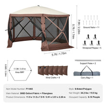 Load image into Gallery viewer, Pop Up Gazebo Tent, Pop-Up Screen Tent 6 Sided Canopy Sun Shelter with 6 Removable Privacy Wind Cloths &amp; Mesh Windows, 11.5x11.5FT Quick Set Screen Tent with Mosquito Netting, Brown
