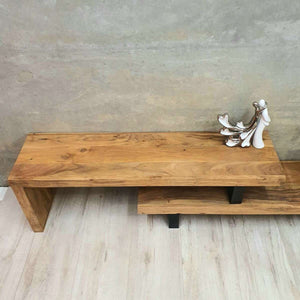 TV entertainment unit Acacia Wood 2 tier adjustable Length 1.2m to 2.1m.