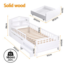 Load image into Gallery viewer, Artiss Single Bed Frame with 2 Storage Drawers, Montessori Bed with Headboard, 2 USB Ports &amp; Led Light, Solid Wood Platform Bed Base with Safety Rail &amp; Ladder, 31CM Under-Bed Storage, White
