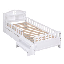 Load image into Gallery viewer, Artiss Single Bed Frame with 2 Storage Drawers, Montessori Bed with Headboard, 2 USB Ports &amp; Led Light, Solid Wood Platform Bed Base with Safety Rail &amp; Ladder, 31CM Under-Bed Storage, White
