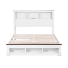 Load image into Gallery viewer, Artiss Double Bed Frame with Storage Bookcase Headboard and Footboard White Wooden Platform Bed with Charging Station and Led Light Bedroom Furniture
