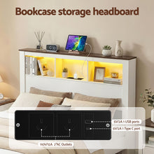 Load image into Gallery viewer, Artiss Double Bed Frame with Storage Bookcase Headboard and Footboard White Wooden Platform Bed with Charging Station and Led Light Bedroom Furniture
