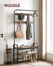 Load image into Gallery viewer, VASAGLE 4-in-1 Coat Rack with Shoe Bench and 9 Removable Hooks Rustic Brown and Black
