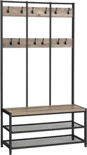 Load image into Gallery viewer, VASAGLE Large Coat Rack Stand with 12 Hooks and Shoe Bench Greige and Black

