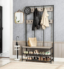 Load image into Gallery viewer, VASAGLE Large Coat Rack Stand with 12 Hooks and Shoe Bench Greige and Black
