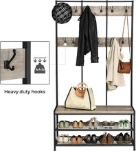 Load image into Gallery viewer, VASAGLE Large Coat Rack Stand with 12 Hooks and Shoe Bench Greige and Black
