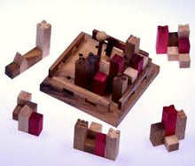 Load image into Gallery viewer, Castles City Planner brain teaser puzzle, wood, handmade 3D puzzle-remove shapes and try rebuild your city.
