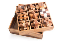 Load image into Gallery viewer, Wooden brain teaser puzzle gift box - 9 mechanical puzzle set in gift box.
