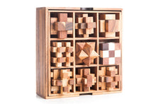 Load image into Gallery viewer, Brainteaser wood puzzle gift set of 9 mechanical puzzles in a beautiful presentation box.

