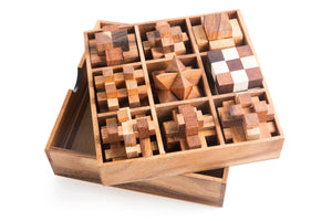 Brainteaser wood puzzle gift set of 9 mechanical puzzles in a beautiful presentation box.