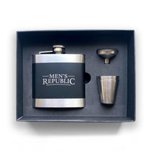 Load image into Gallery viewer, Fathers Day Gift Men&#39;s Republic Hip Flask, Funnel and 2 Cups - Silver/Black
