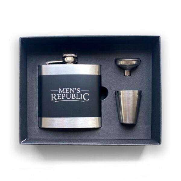 Fathers Day Gift Men's Republic Hip Flask, Funnel and 2 Cups - Silver/Black