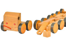 Load image into Gallery viewer, Large wood Truck Toy handmade with trailer and 16 wheels and a pull along string
