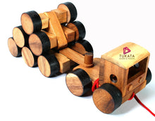 Load image into Gallery viewer, Large wood Truck Toy handmade with trailer and 16 wheels and a pull along string
