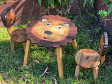 Load image into Gallery viewer, Kids Wooden Table + 2 Chairs Set Lion Design Carved Timber Children Furniture
