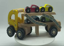 Load and play video in Gallery viewer, Kids Wooden Car Carrier Truck Toy (Beech Wood) 6 Rubber Wheels movable tray and cars-Age: 18 M+.

