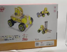 Load and play video in Gallery viewer, DIY wooden model kit Forklift roller and excavator in kit with tools.
