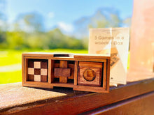 Load image into Gallery viewer, 3 individual brainteaser wooden puzzles in a gift wooden box
