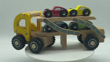 Load and play video in Gallery viewer, Kids Wooden Car Carrier Truck Toy (Beech Wood) 6 Rubber Wheels movable tray and cars-Age: 18 M+.
