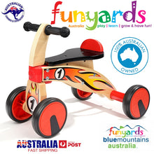 Load image into Gallery viewer, Ride on four wheeled wooden push bike on rubber wheels for toddlers.
