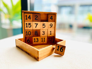 Slide 15 numbers sort brain teaser puzzle, wood, handmade 3D puzzle-sort the numbers in correct order