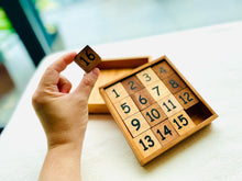 Load image into Gallery viewer, Slide 15 numbers sort brain teaser puzzle, wood, handmade 3D puzzle-sort the numbers in correct order
