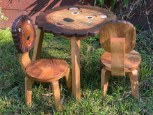 Load image into Gallery viewer, Kids Wooden Table + 2 Chairs Set Lion Design Carved Timber Children Furniture
