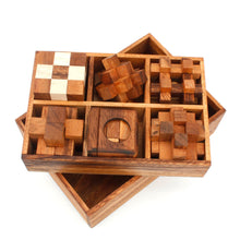 Load image into Gallery viewer, 6 unique hand made wooden brainteaser Puzzles in beautiful Gift Box -for kids or adults_-Sold out Model 6266
