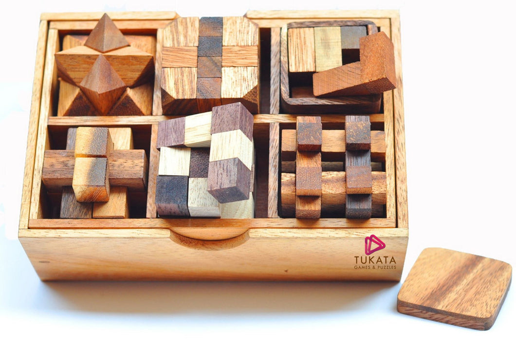 6 unique hand made wooden brainteaser Puzzles in beautiful Gift Box -for kids or adults_-Sold out Model 6266