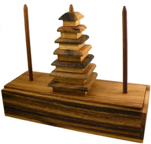 Load image into Gallery viewer, Stacking Pagoda 7 piece brain teaser puzzle, wood, handmade 3D puzzle-arrange blocks on end column to solve
