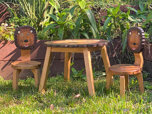 Kids Wooden Table + 2 Chairs Set Lion Design Carved Timber Children Furniture