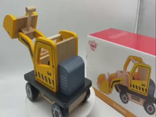 Load and play video in Gallery viewer, Excavator toy wooden bulldozer with movable parts-large 28 cm length- gift ready.
