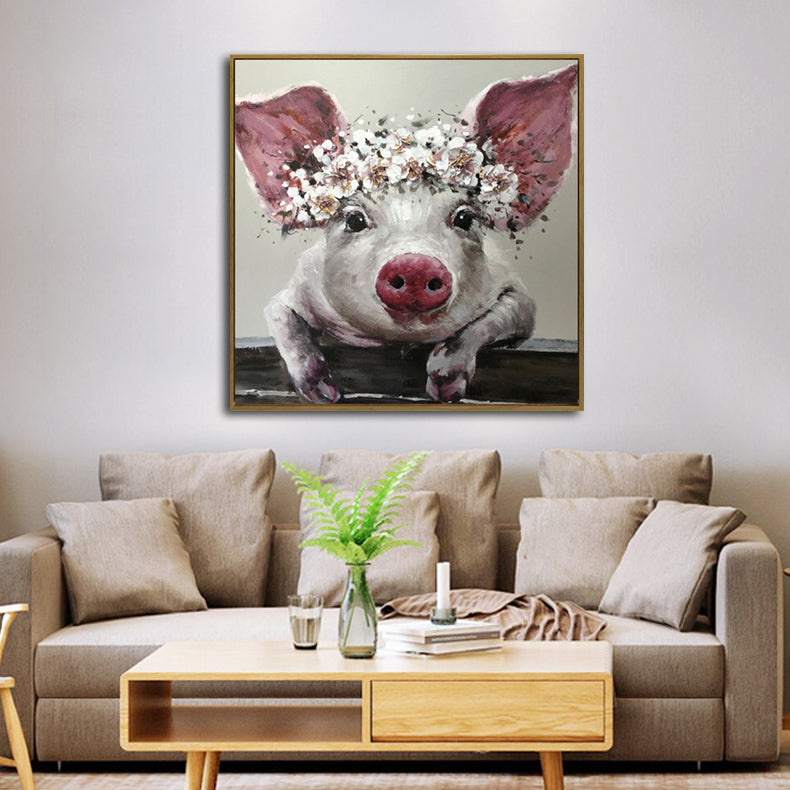 Wall art canvas framed print Penny the Pig 70 x 70cm.